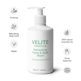 Velite Essentials Citrus Fresh Body Wash with icons for purifying, essential oils, and ECOCERT certification, ideal for clean, vegan body care.