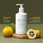 Velite Essentials Citrus Fresh Body Wash with quince fruit on wooden stand, promoting its natural, vegan formula and revitalizing citrus scent.