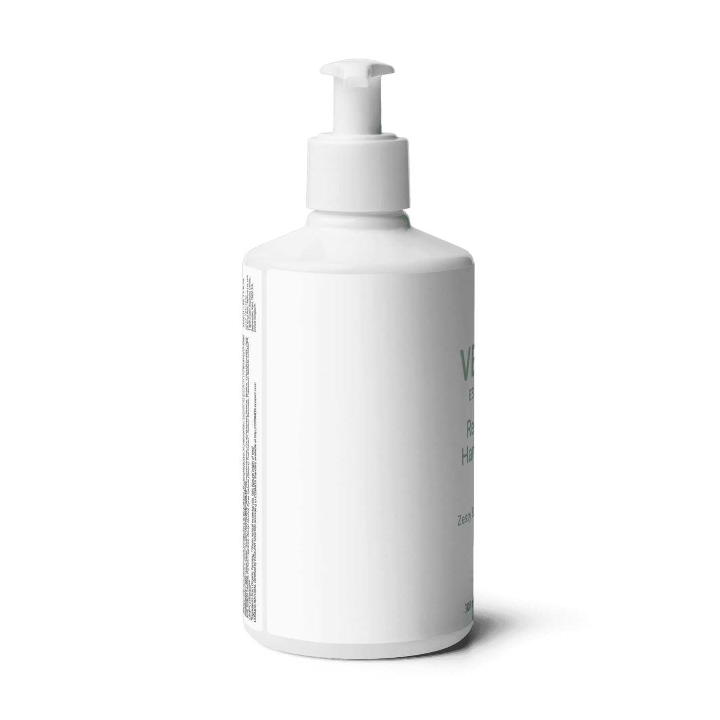 Side view of Velite Essentials Citrus Fresh Body Wash bottle with pump, showcasing minimalist packaging for eco-conscious personal care routines.
