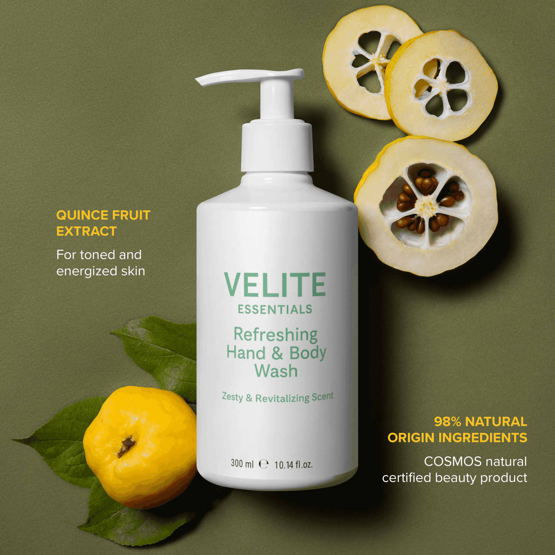 Velite Essentials Citrus Fresh Body Wash with quince fruit and leaves, highlighting 98% natural origin ingredients and energizing skincare benefits.
