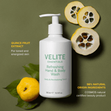 Velite Essentials Citrus Fresh Body Wash with quince fruit and leaves, highlighting 98% natural origin ingredients and energizing skincare benefits.