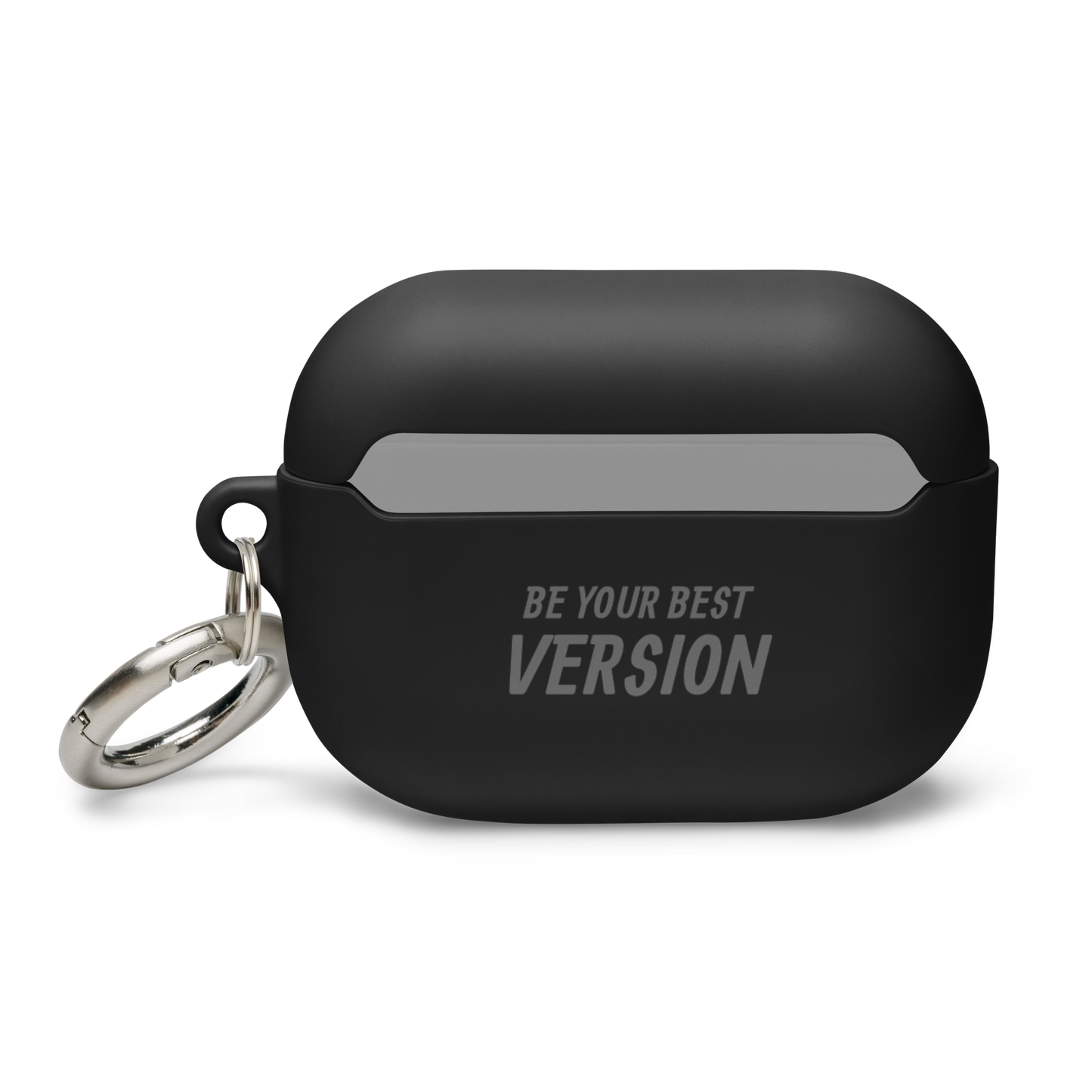 Black AirPods Pro case with "Be Your Best Version" engraving, featuring a sturdy design and metallic keyring.
