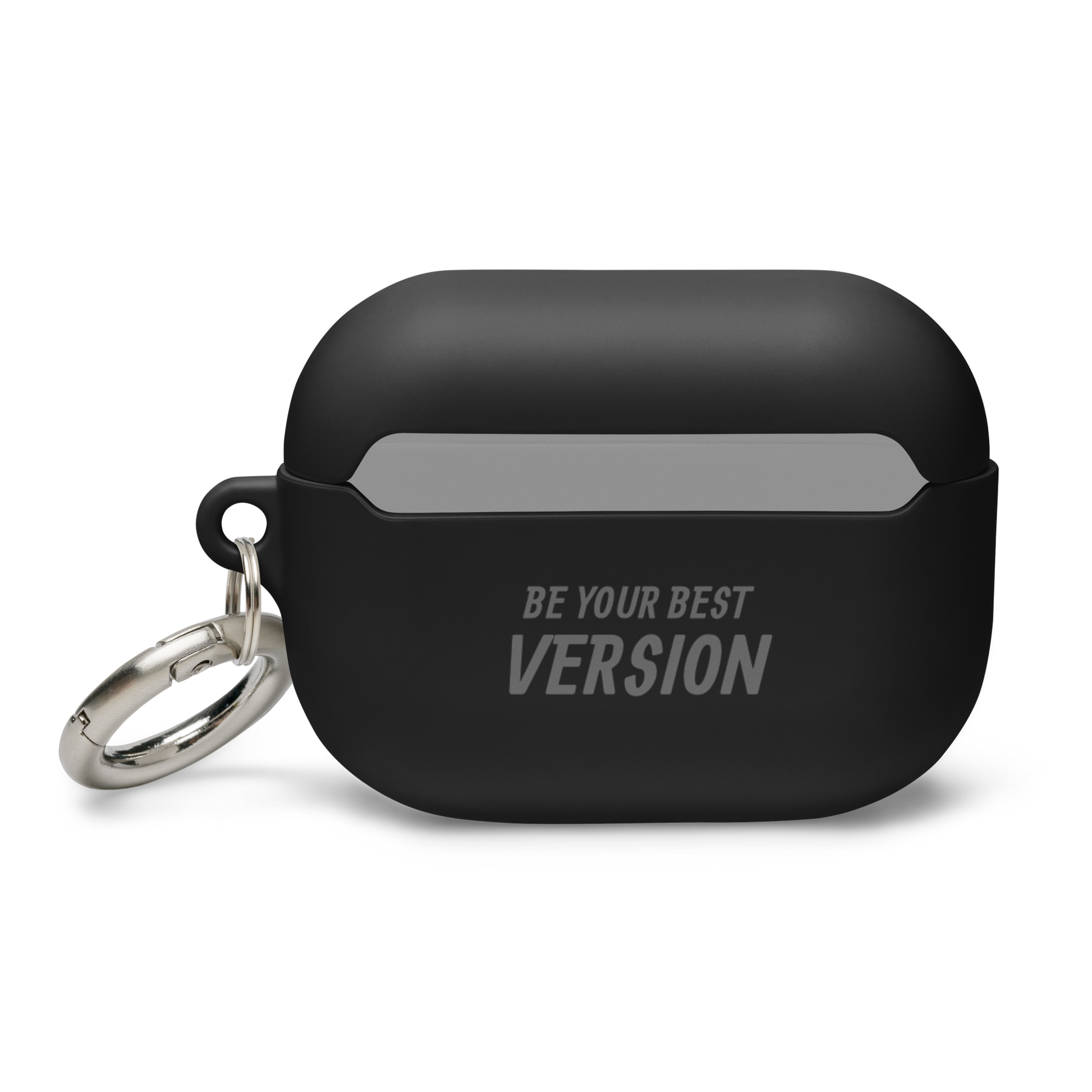 Black AirPods Pro case with "Be Your Best Version" engraving, featuring a sturdy design and metallic keyring.