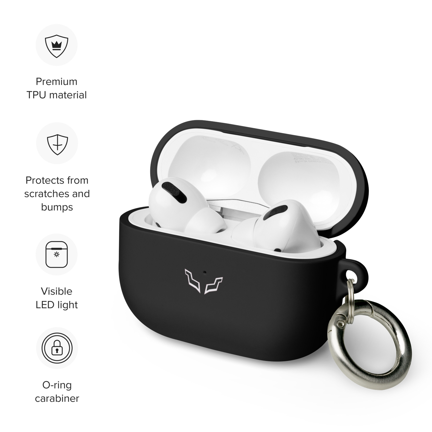 Premium black AirPods Pro case with carabiner, showcasing a sleek and durable design. / Funda premium negra para AirPods Pro con mosquetón, destacando un diseño elegante y resistente.