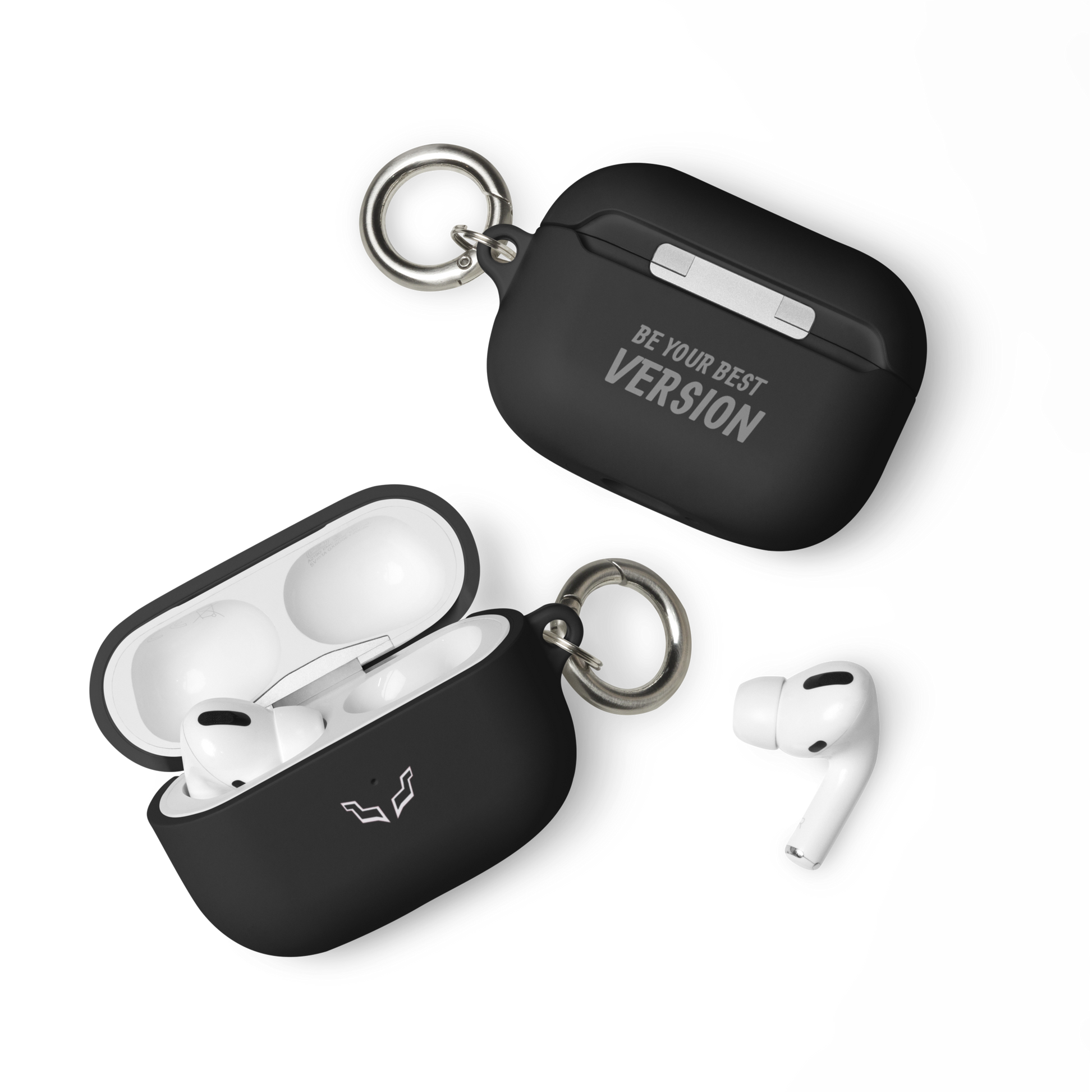 Dual AirPods Pro case set, showcasing the front and back design in matte black finish. / Set de dos fundas para AirPods Pro, mostrando el diseño frontal y trasero en acabado negro mate.