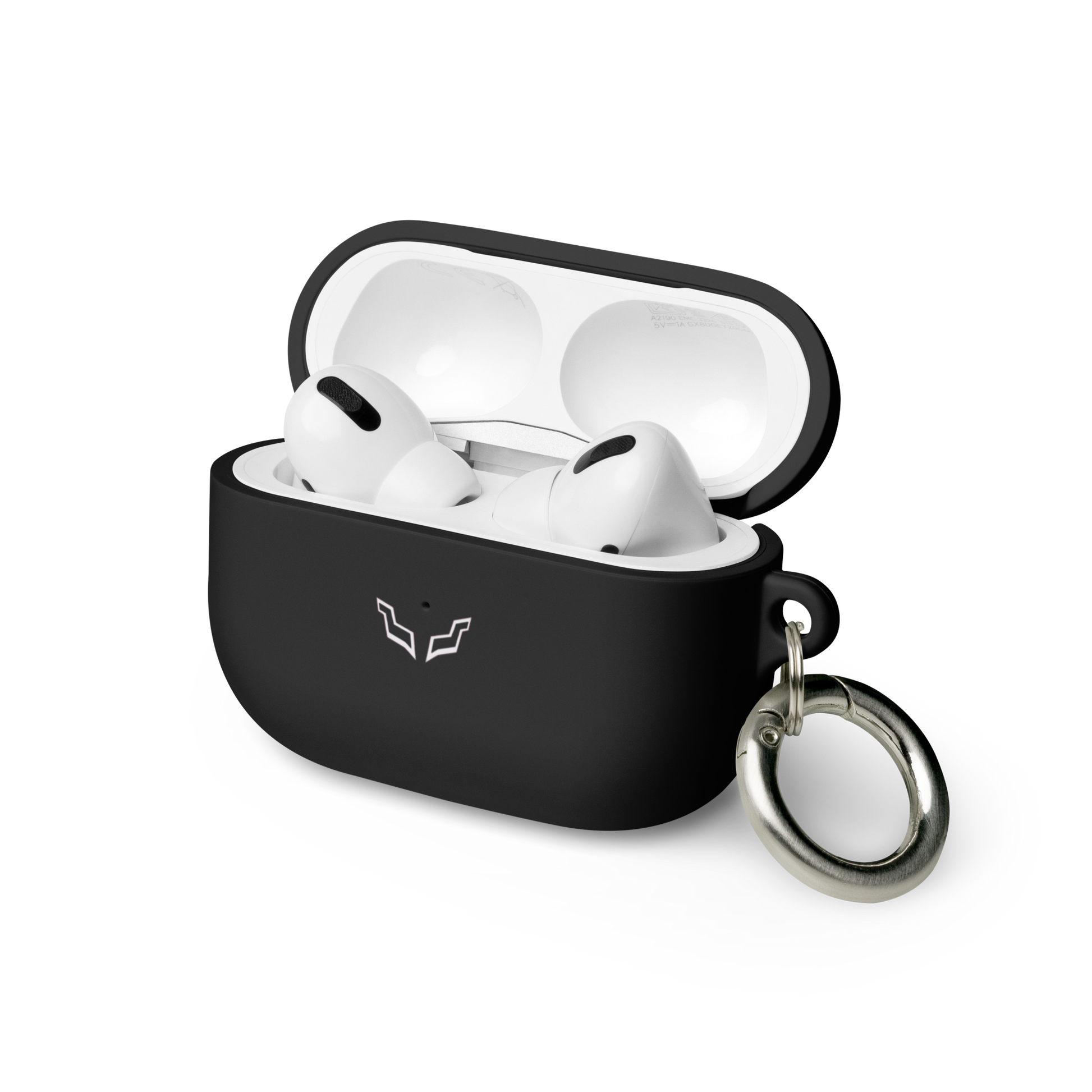 Black rubber case for AirPods Pro, open with white earbuds inside, featuring premium TPU material and keyring.