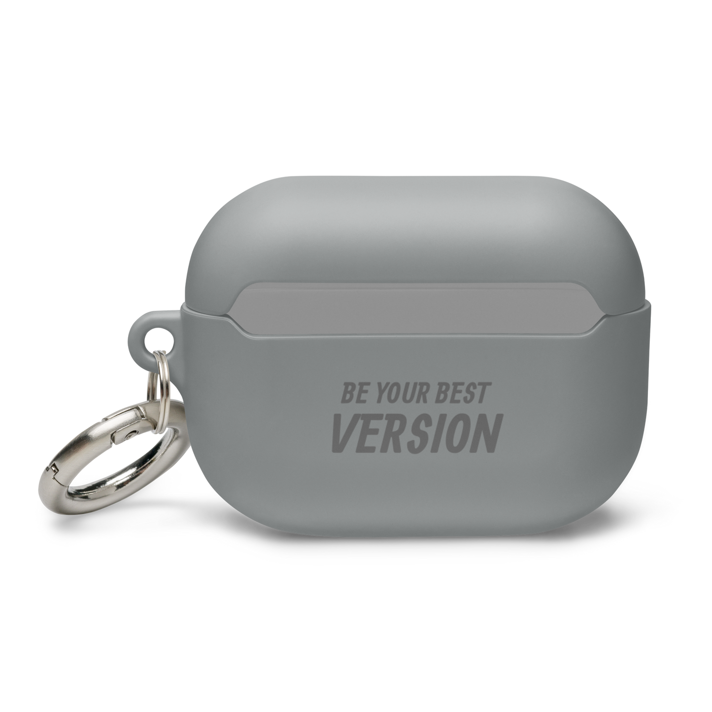 gray AirPods Pro case with "Be Your Best Version" engraving, featuring a sturdy design and metallic keyring.