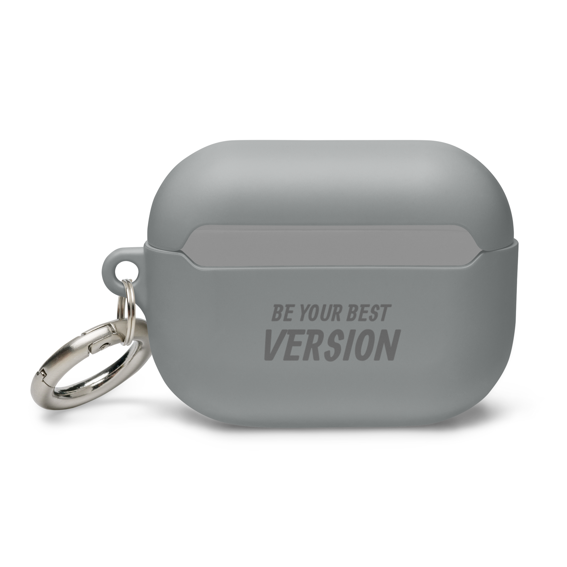 gray AirPods Pro case with "Be Your Best Version" engraving, featuring a sturdy design and metallic keyring.