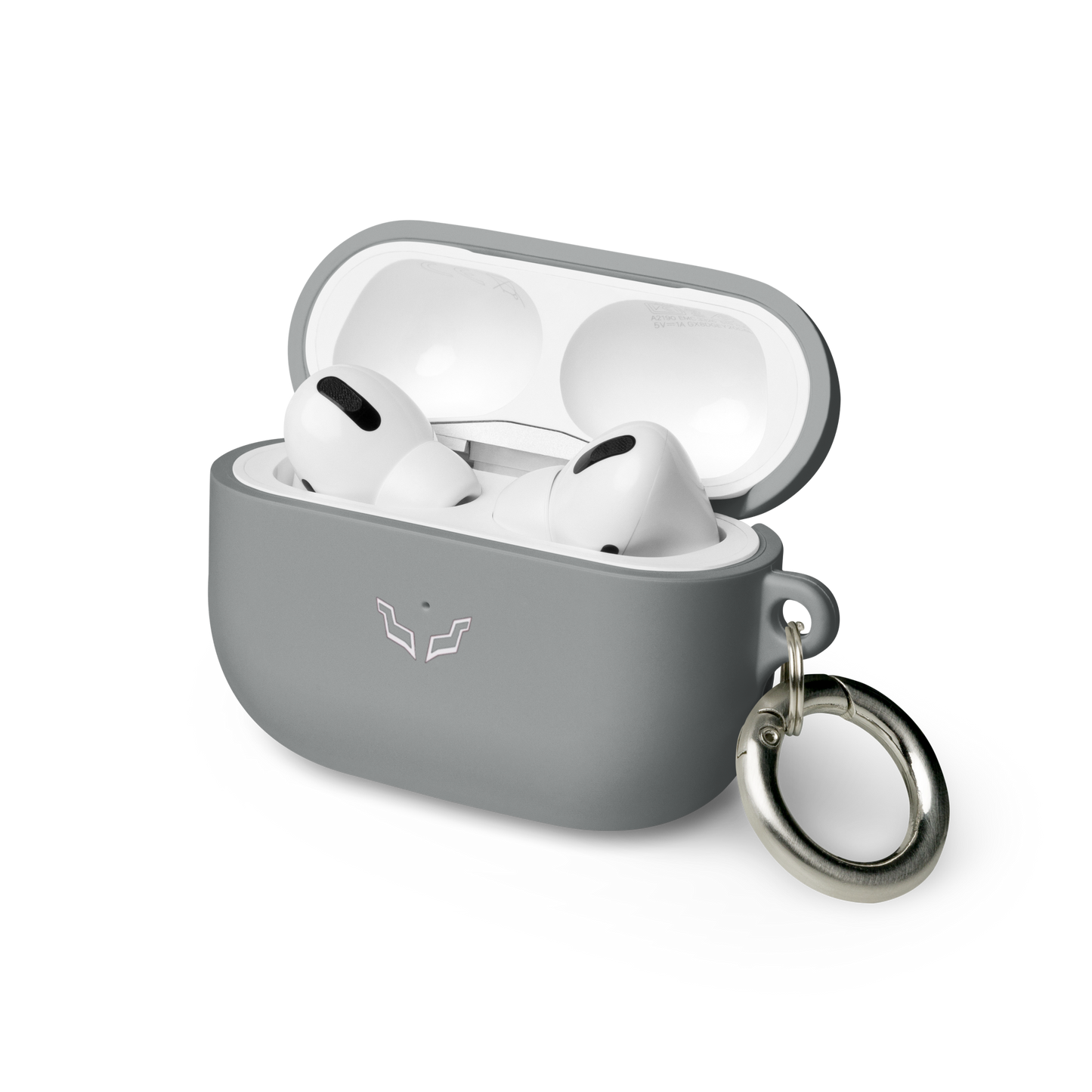 Gray rubber case for AirPods Pro, open with white earbuds inside, featuring premium TPU material and keyring.