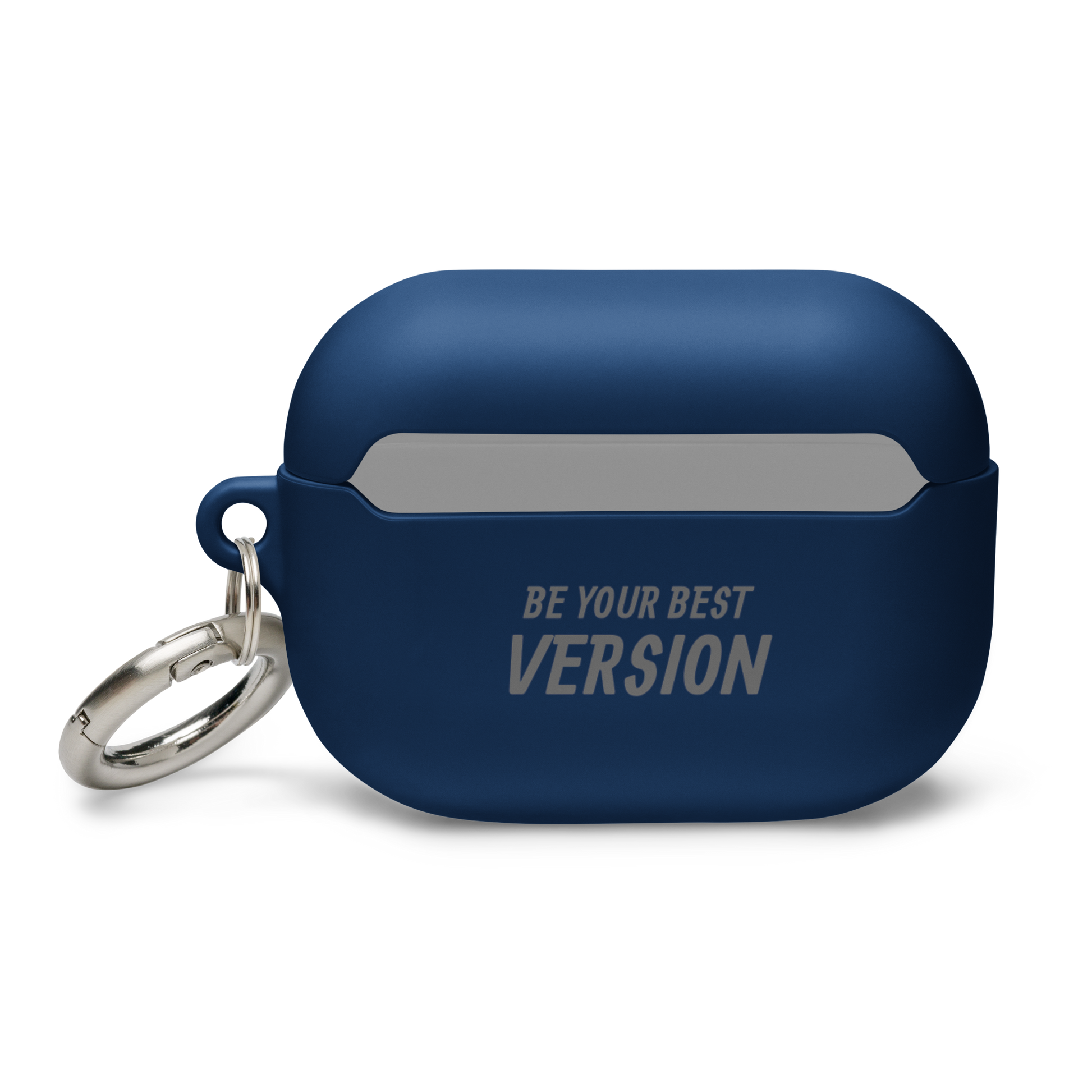 Navy blue AirPods Pro case with "Be Your Best Version" engraving, featuring a sturdy design and metallic keyring.