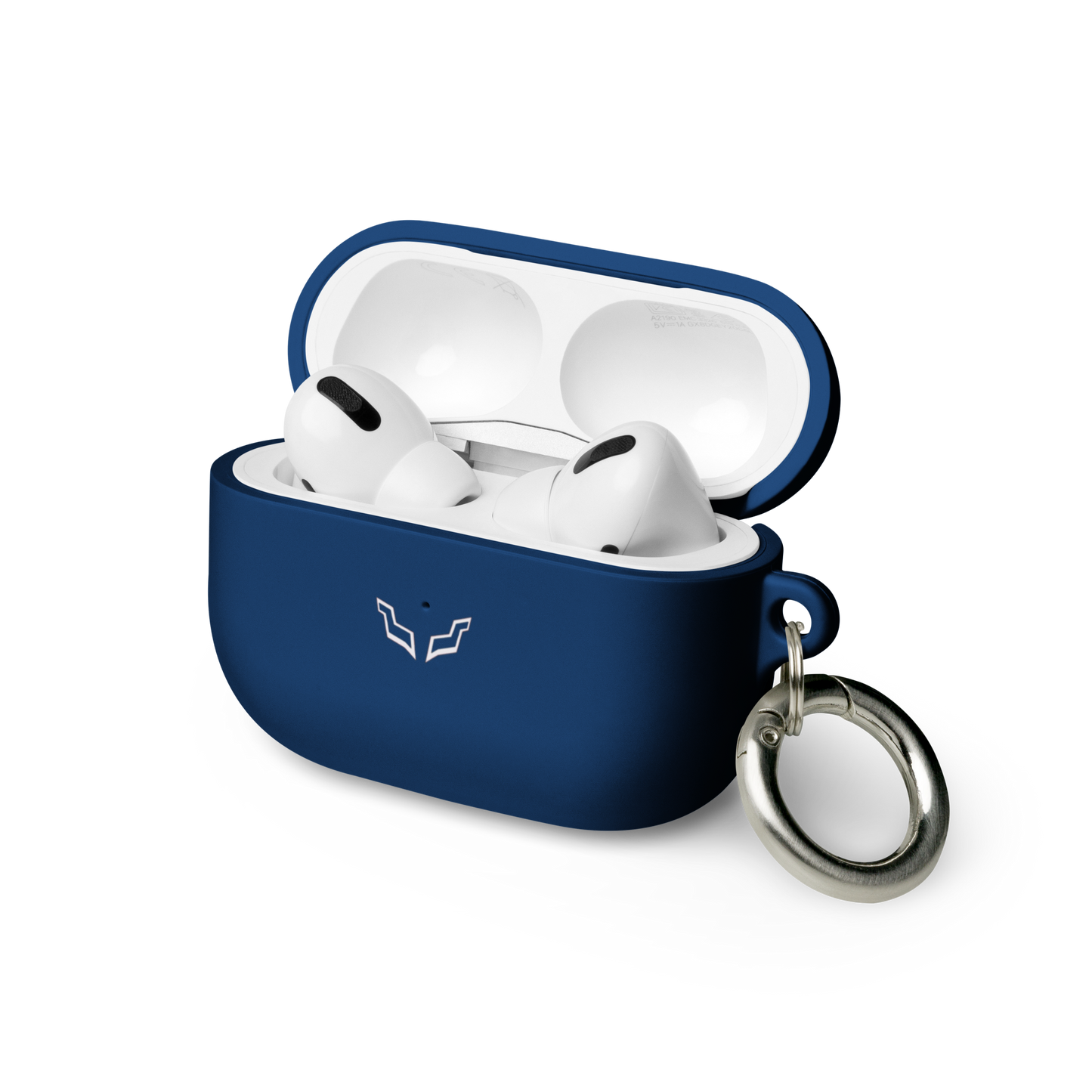Navy blue rubber case for AirPods Pro, open with white earbuds inside, featuring premium TPU material and keyring.