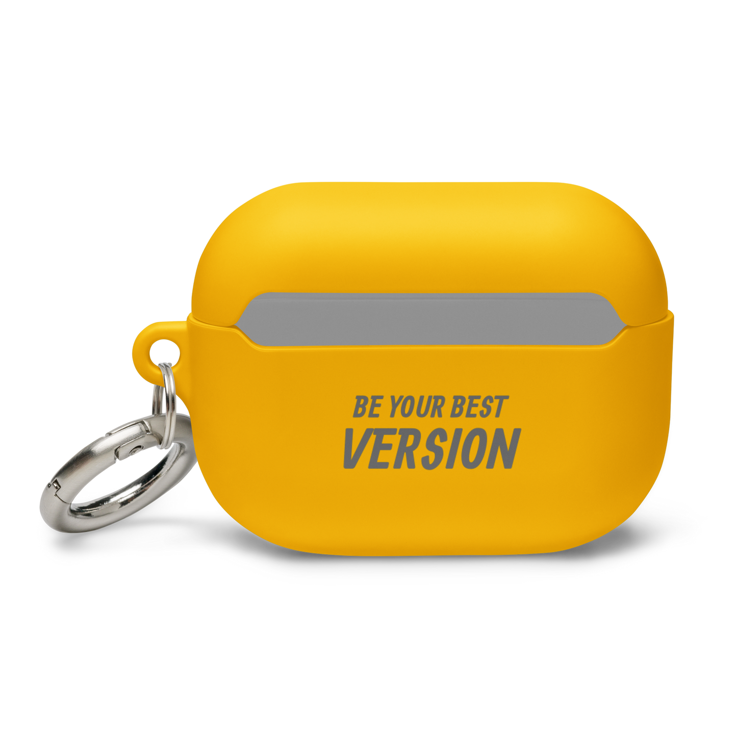Yellow AirPods Pro case with "Be Your Best Version" engraving, featuring a sturdy design and metallic keyring.