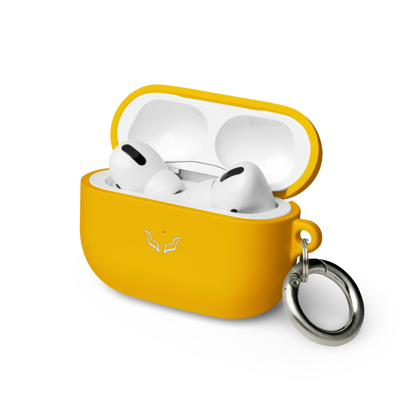 Yellow rubber case for AirPods Pro, open with white earbuds inside, featuring premium TPU material and keyring.