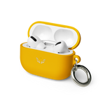 Yellow rubber case for AirPods Pro, open with white earbuds inside, featuring premium TPU material and keyring.
