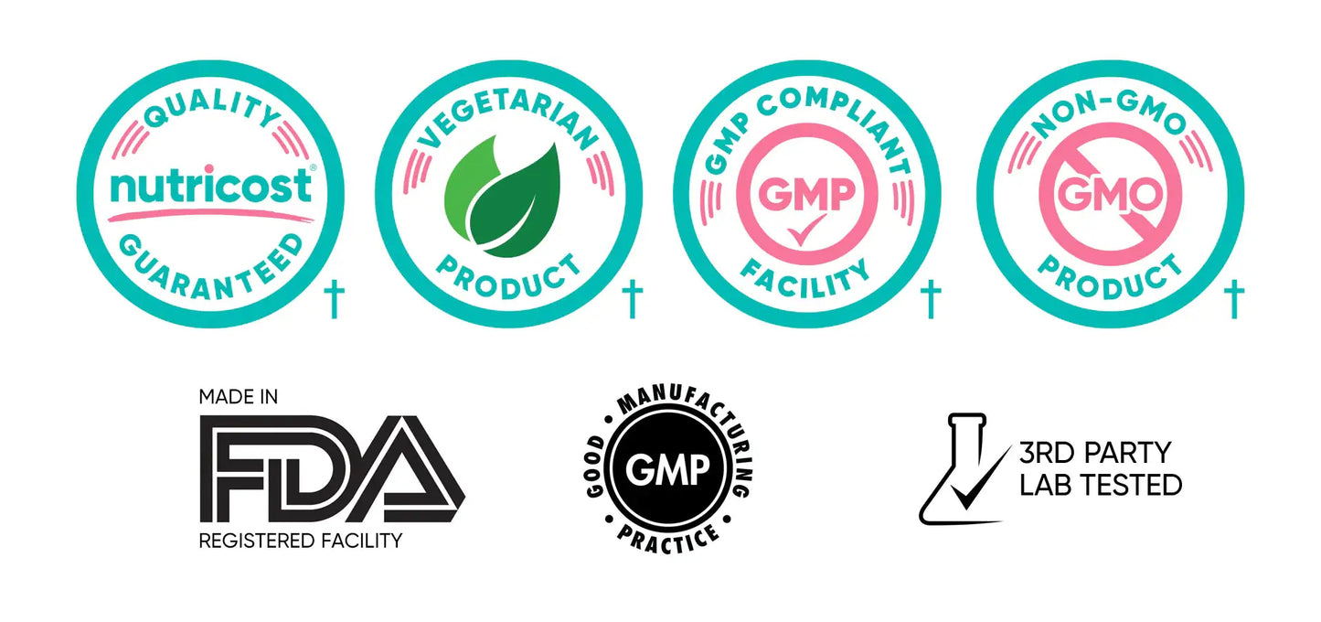 Nutricost BCAA for Women certifications including non-GMO, GMP compliant, vegetarian, FDA registered, and third-party lab tested for quality assurance.