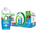 Vegan Organic Nutrition Shake Smooth Chocolate 12-pack combo with individual bottle and box packaging, highlighting plant-based protein and USDA Organic certification.
