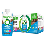 Vegan Organic Nutrition Shake Smooth Chocolate 12-pack combo with individual bottle and box packaging, highlighting plant-based protein and USDA Organic certification.