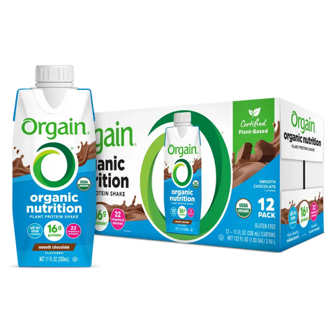 Vegan Organic Nutrition Shake Smooth Chocolate 12-pack combo with individual bottle and box packaging, highlighting plant-based protein and USDA Organic certification.