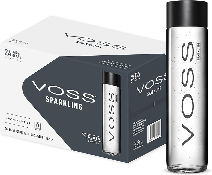 VOSS Still Water 375ml – 24-pack box, premium artesian water from Norway with sleek glass bottles.