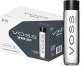 VOSS Still Water 375ml – 24-pack box, premium artesian water from Norway with sleek glass bottles.