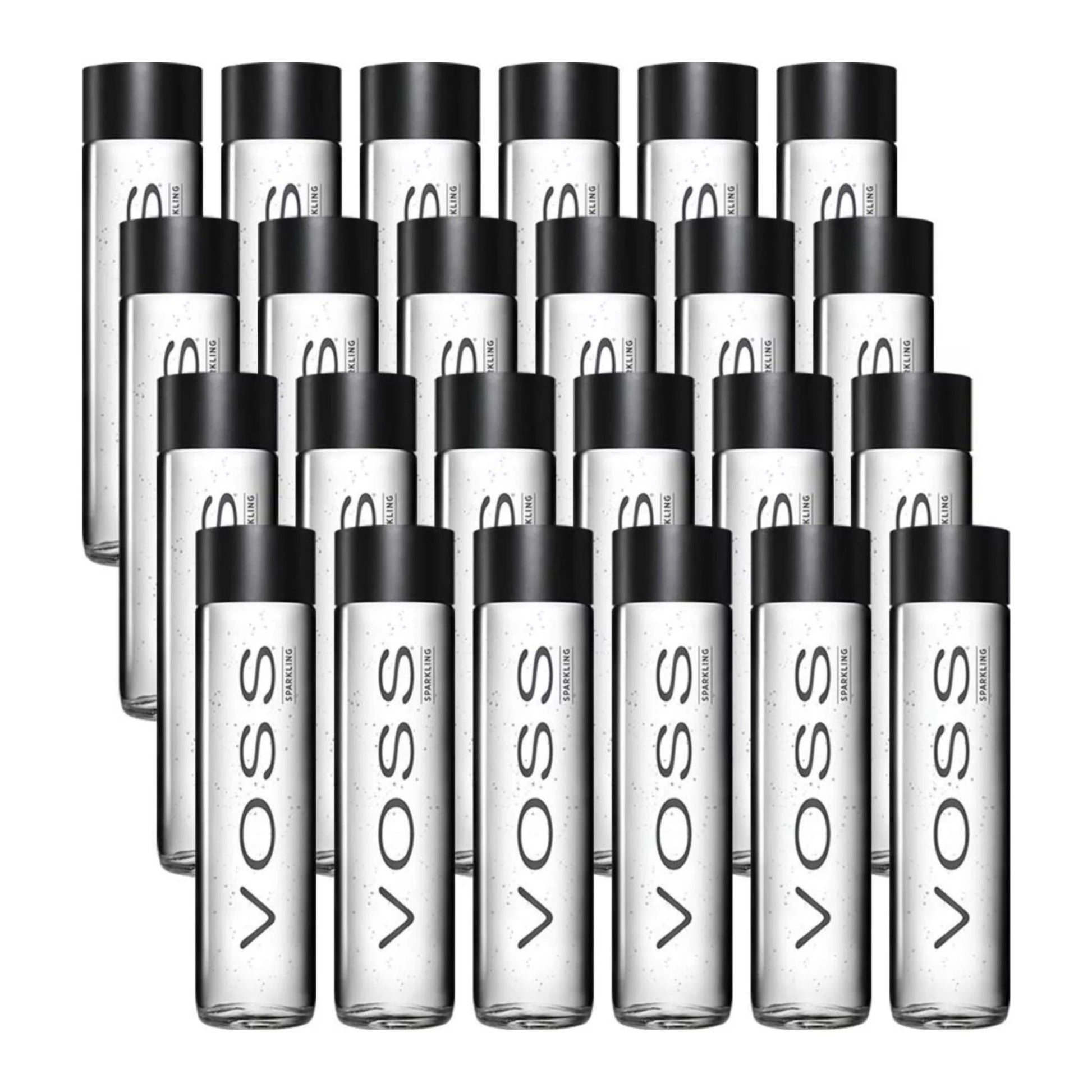 VOSS Still 375ml – multi-pack display of sleek, cylindrical glass bottles for premium hydration.