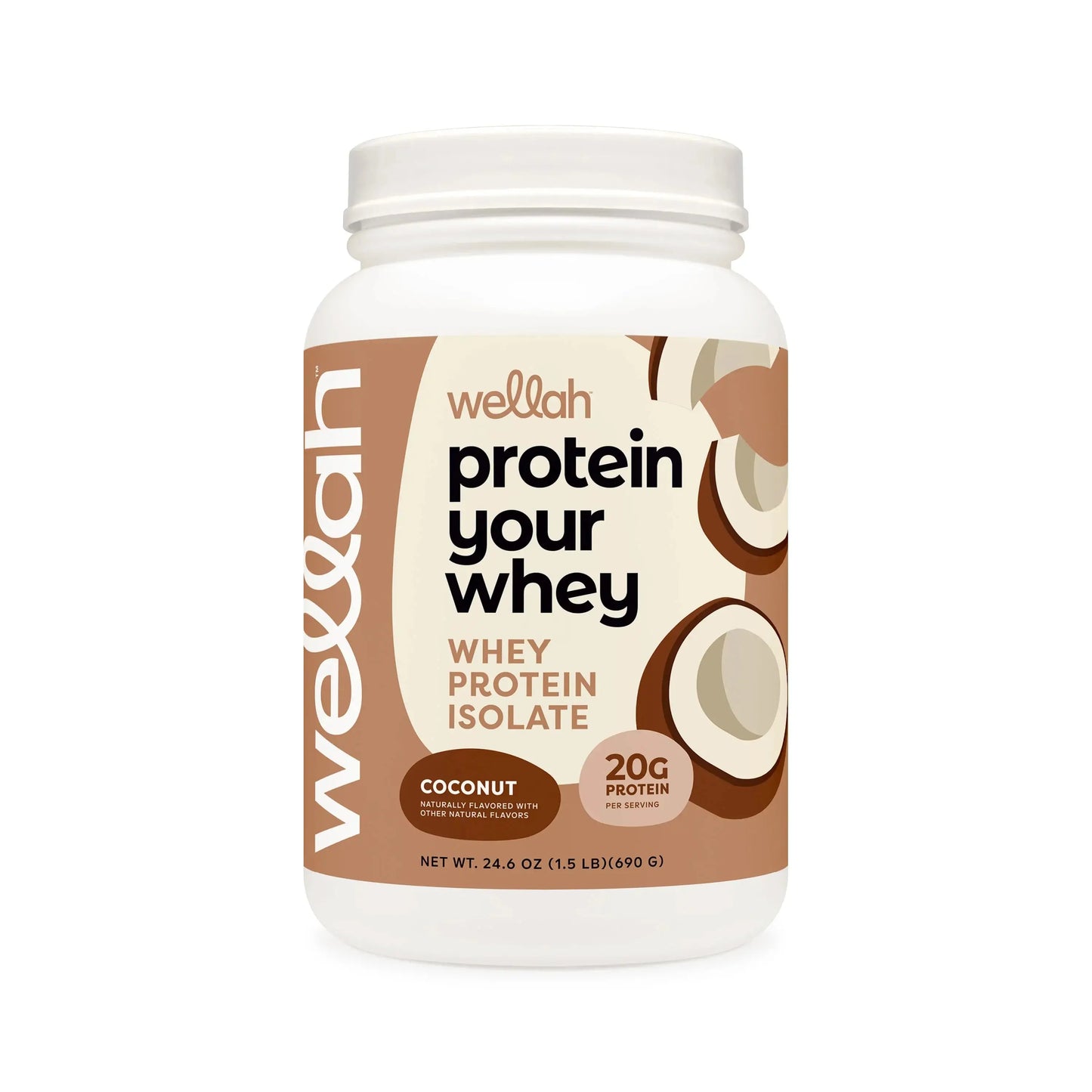 Buy Wellah Protein Your Whey – Coconut [30 Servings] | 20g Protein; front label of stevia-sweetened whey protein isolate with coconut flavor.