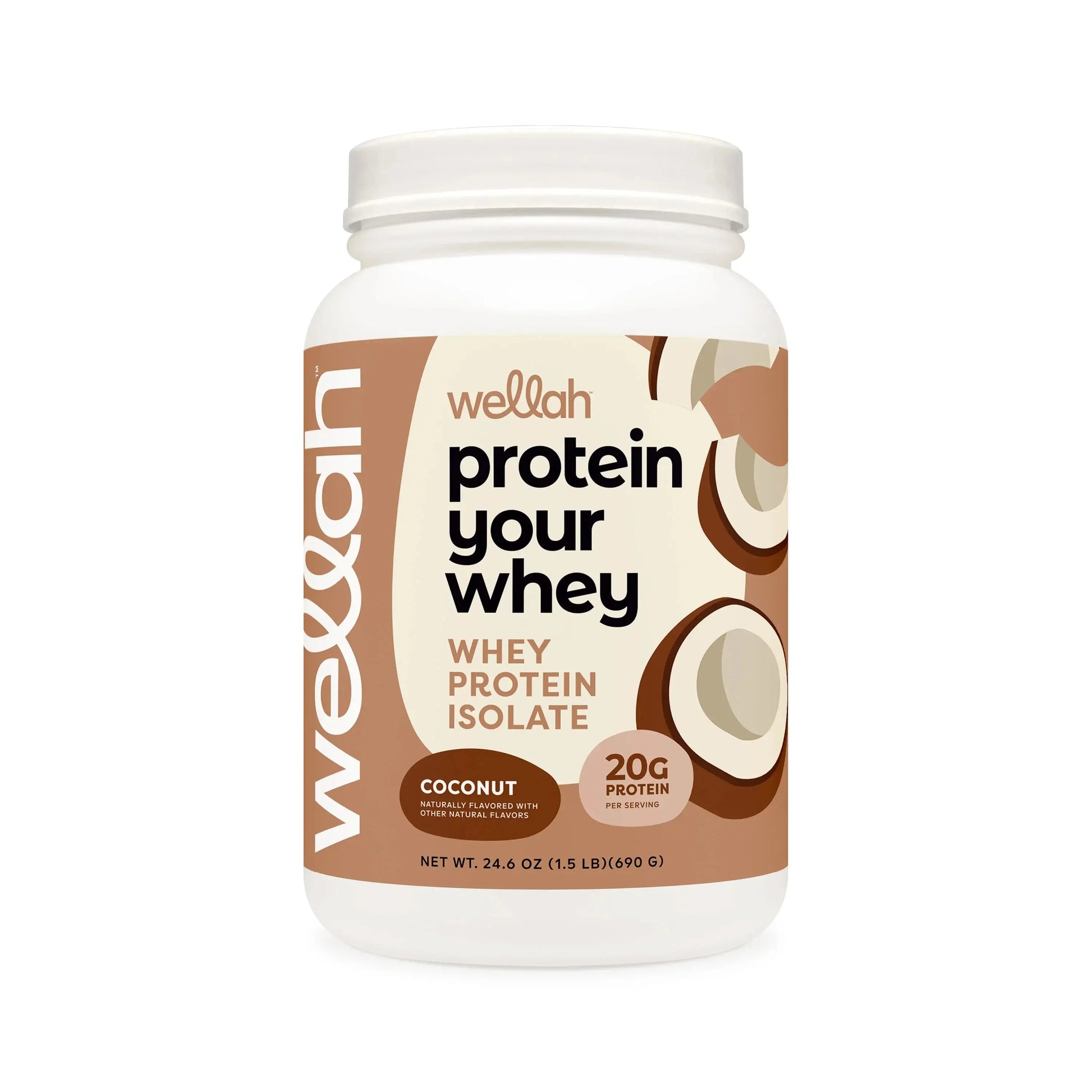 Buy Wellah Protein Your Whey – Coconut [30 Servings] | 20g Protein; front label of stevia-sweetened whey protein isolate with coconut flavor.