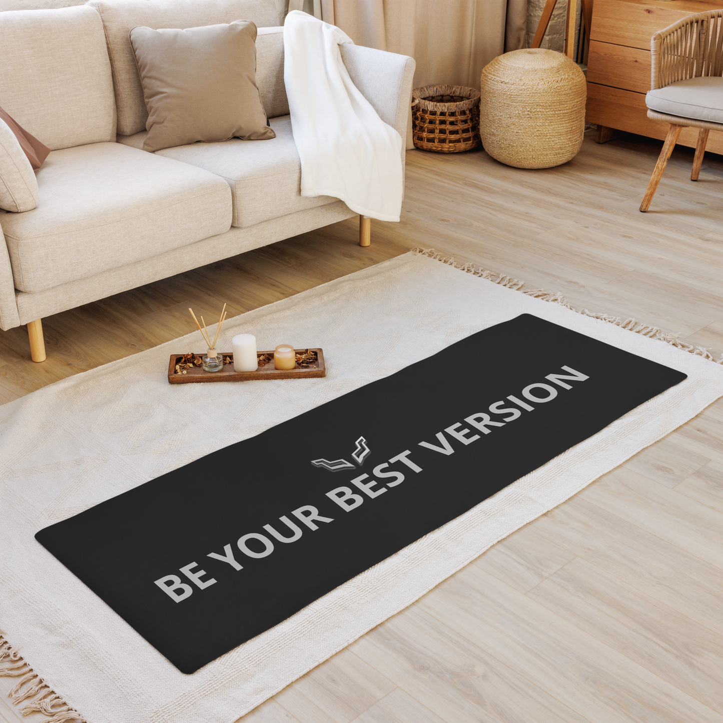 A black Velite Armor yoga mat spread out in a stylish living room, featuring soft lighting and elegant decor for a peaceful workout atmosphere.