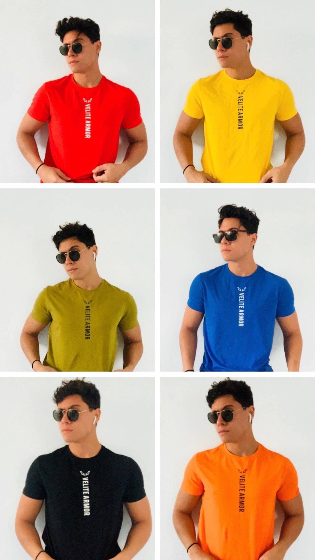 Model wearing Velite Armor Royalty Slim Fit Tshirts in six colors including orange, showing color variety in activewear collection.