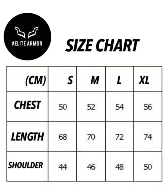 Velite Armor size chart for Royalty Slim Fit Tshirts detailing chest, length, and shoulder measurements in centimeters.